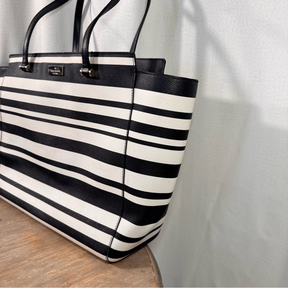 Kate Spade Vegan Leather Black & White Striped Tote Bag - Picture 4 of 9